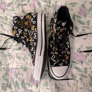Black Converse High Top Size 7 With White And Gold Hearts